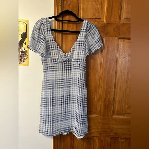 princess polly baby blue dress Navy Blue Gingham Dress - Side-Tie Dress - Gingham Mini Dress main image 0